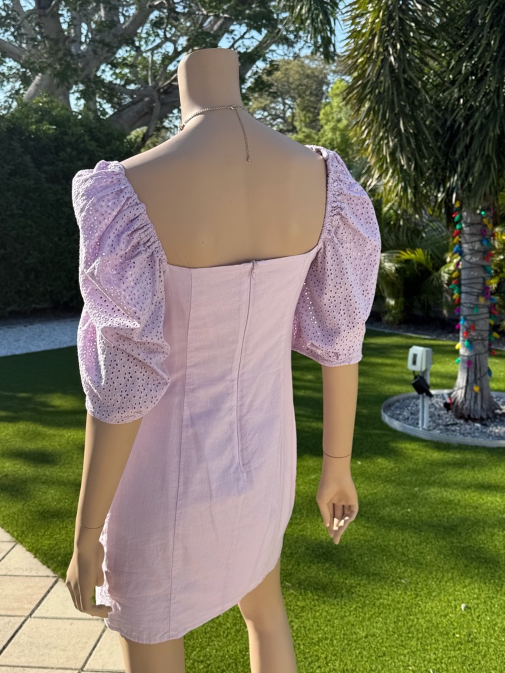 H&M Lilac Eyelet Embroidered Puff Sleeve Mini Dress Square Neck 100%Cotton SizeM - Picture 4 of 7